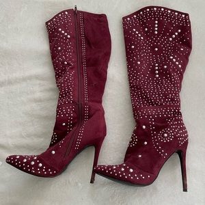 Burgundy studded boots. Faux suede.